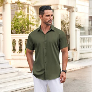 Men's Button Down Shirt Short Sleeve Dress Shirt Casual Beach Summer Wedding Shirt , Army Green