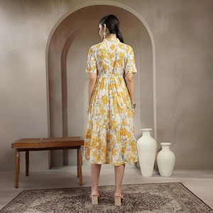 Stylum Women's Floral Printed Cotton Flared Dress yellow