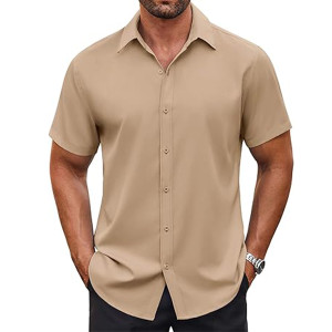Men's Button Down Shirt Short Sleeve Dress Shirt Casual Beach Summer Wedding Shirt , Khaki