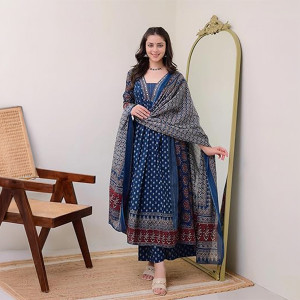 Women's Rayon Printed Anarkali Kurta and Pant with Dupatta Set ,teal blue