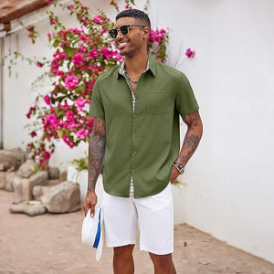 Men's Button Down Shirts Short Sleeve Casual Shirts Summer Beach Shirts ,Army Green