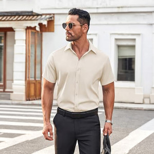 Men's Button Down Shirt Short Sleeve Dress Shirt Casual Beach Summer Wedding Shirt , Beige