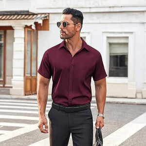Men's Button Down Shirt Short Sleeve Dress Shirt Casual Beach Summer Wedding Shirt , Ligh