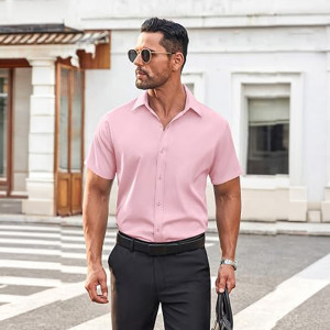 Men's Button Down Shirt Short Sleeve Dress Shirt Casual Beach Summer Wedding Shirt
