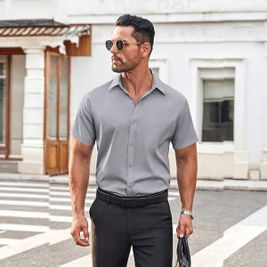 Men's Button Down Shirt Short Sleeve Dress Shirt Casual Beach Summer Wedding Shirt ,light Grey