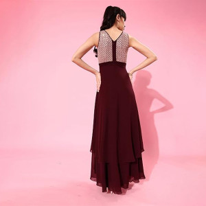 Miss Chase Women's Halter-Neck Cap-Sleeve Pleated Embellished Georgette Maxi Dress , syrah wine Peach