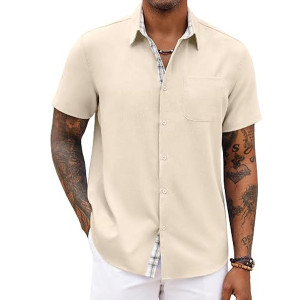 Men's Button Down Shirts Short Sleeve Casual Shirts Summer Beach Shirts , Beige