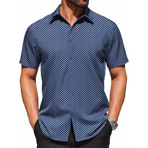 Men's Button Down Shirt Short Sleeve Dress Shirt Casual Beach Summer Wedding Shirt ,Dark blue - white four -petaled flower